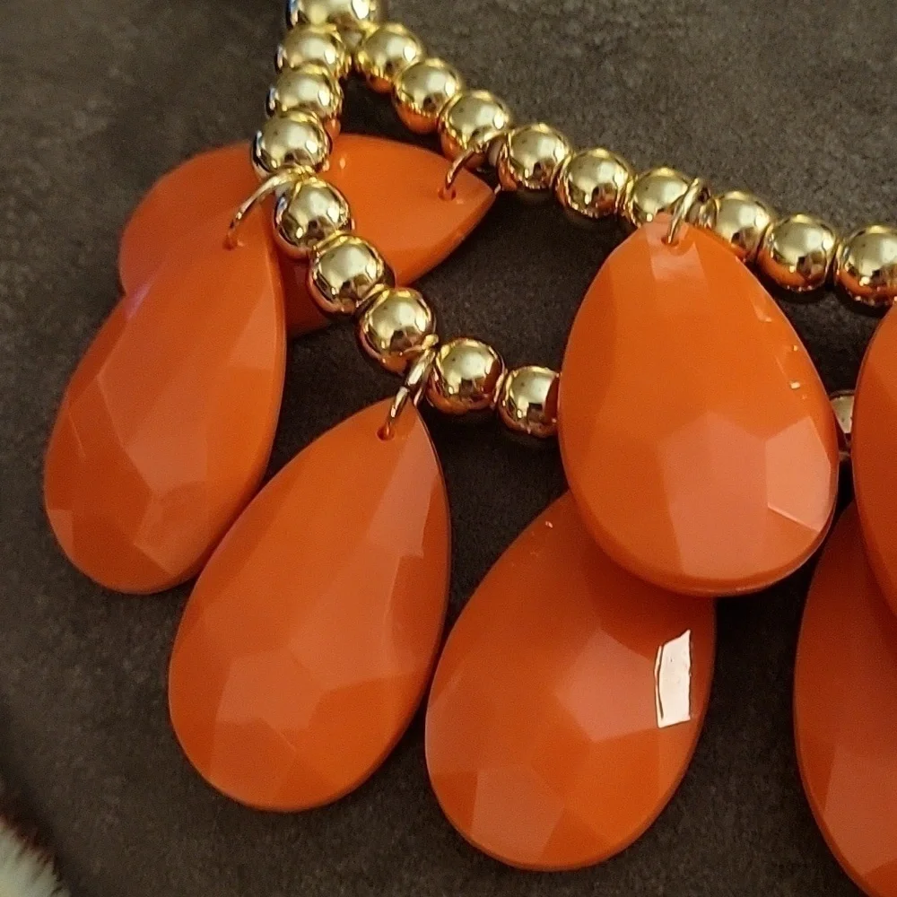 VTG Chandalier Layered Orange Teardrop Fabric Strand Plastron Necklace